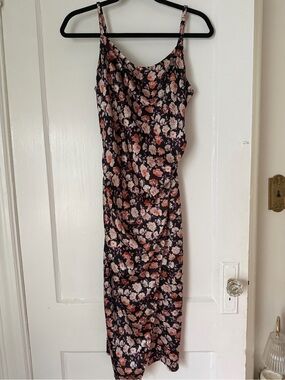 re:named Black Floral Midi Slip Dress with Blush and Coral Blooms